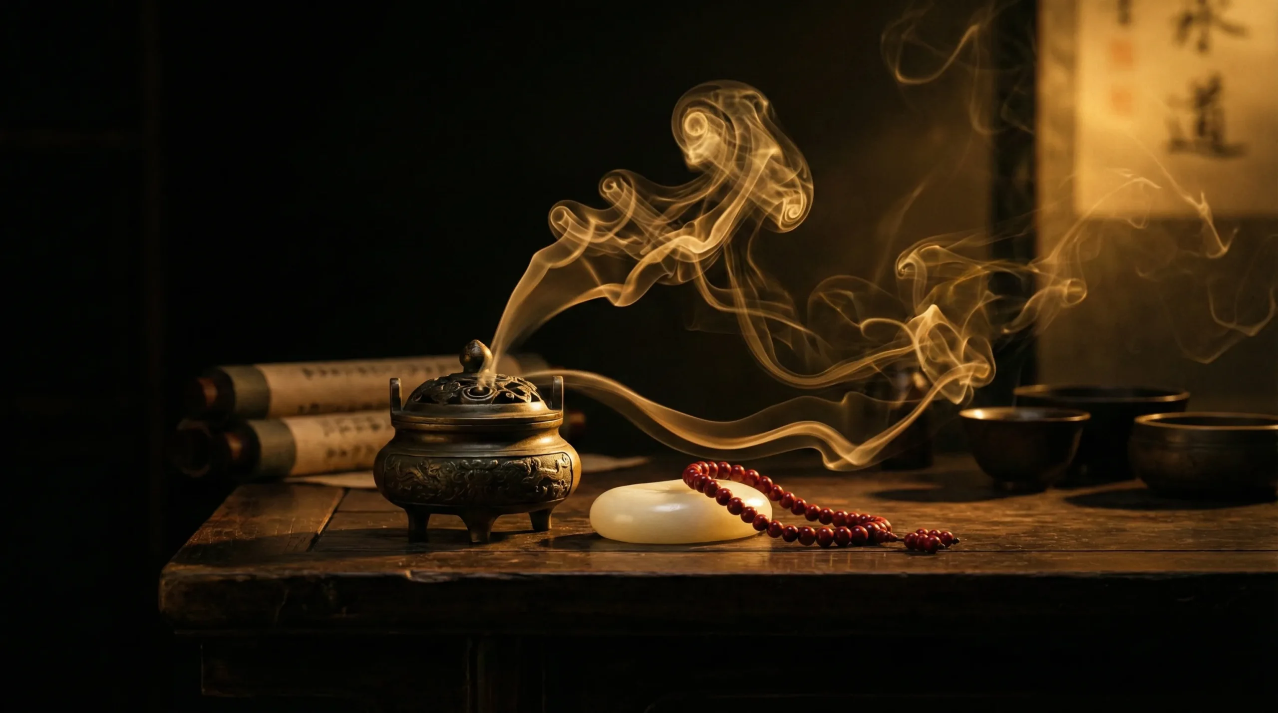 Chinese Protection Talisman:Spiritual amulets for protection being cleansed with incense smoke for positive energy.